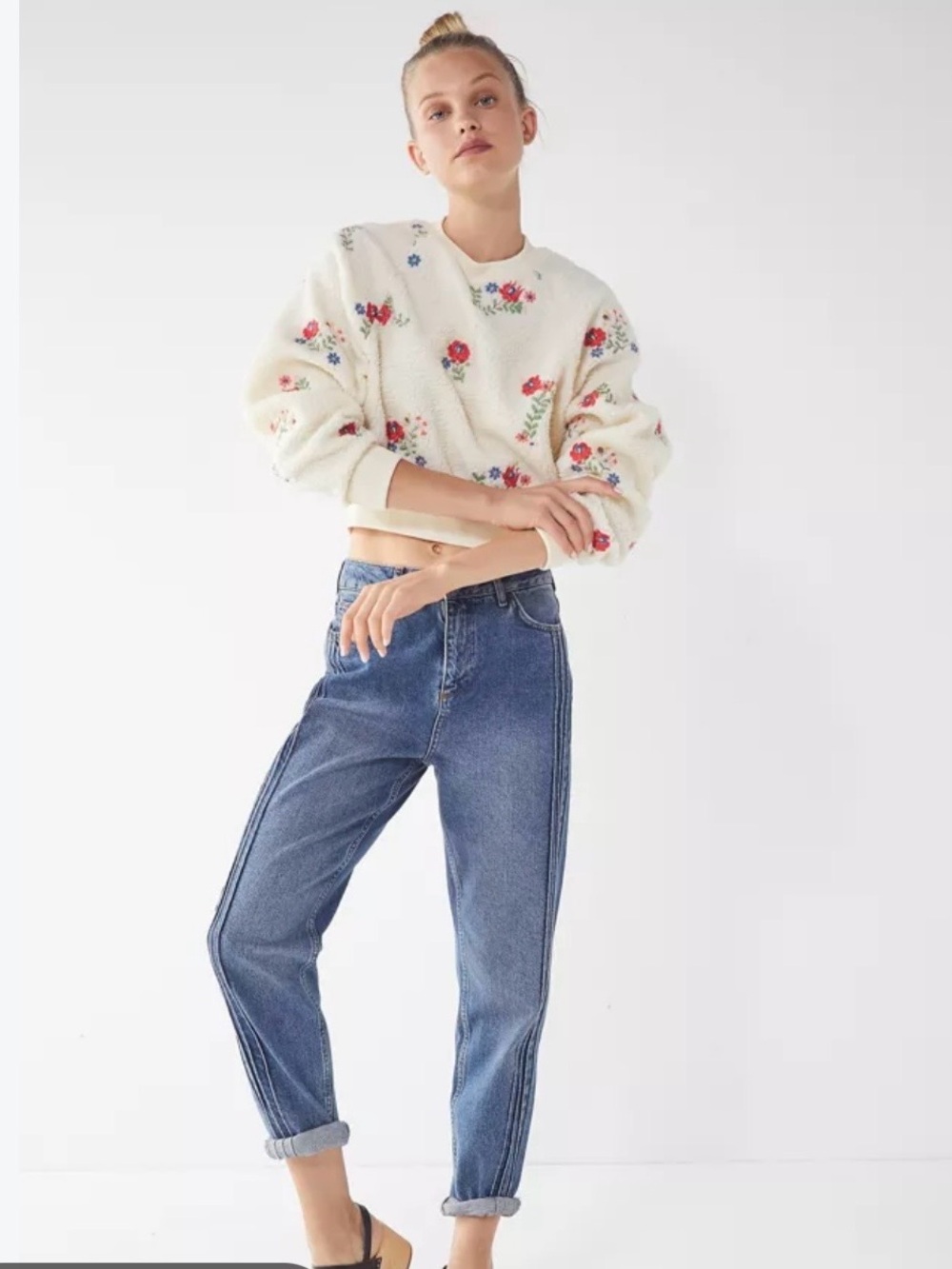 Urban Outfitters Cream Sherpa Floral Crop Crewneck